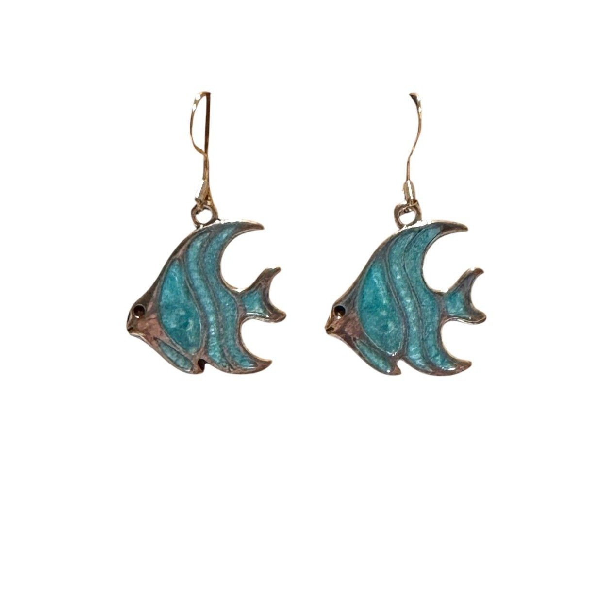 Enamel Blue And Silver Fish Charm On Silver Earrings #2208